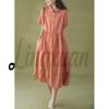 Korean Style Cotton Linen Retro Long Dress for Women, Spring/Summer 2026 Collection, Short Sleeve with Shirt Collar