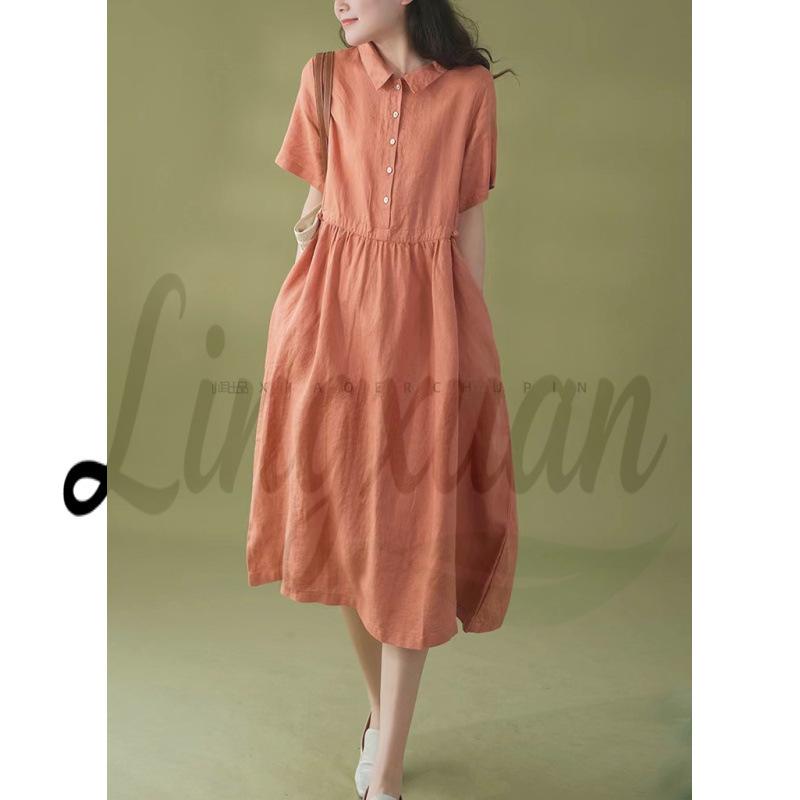 Korean Style Cotton Linen Retro Long Dress for Women, Spring/Summer 2026 Collection, Short Sleeve with Shirt Collar