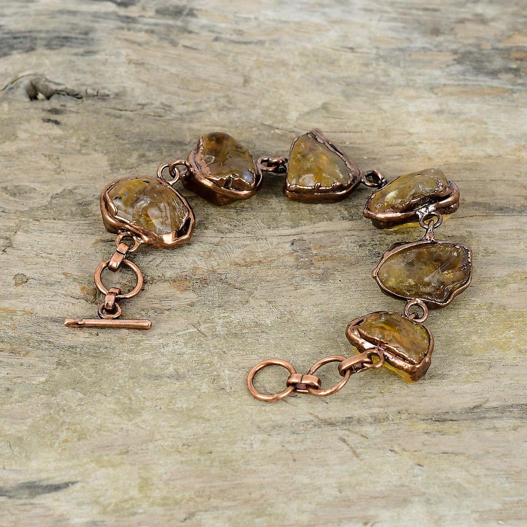Грубый браслет с цитрином, медный браслет, изготовленный гальваническим методом, регулируемый браслет-цепочка, ювелирное изделие, изготовленное гальваническим способом, подарок для нее, драгоценный камень, ювелирные изделия ручной работы