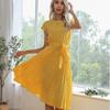 Women's Summer Mid -long Skirt Short -sleeved Lace -up Rolle Dot Fold Dress
