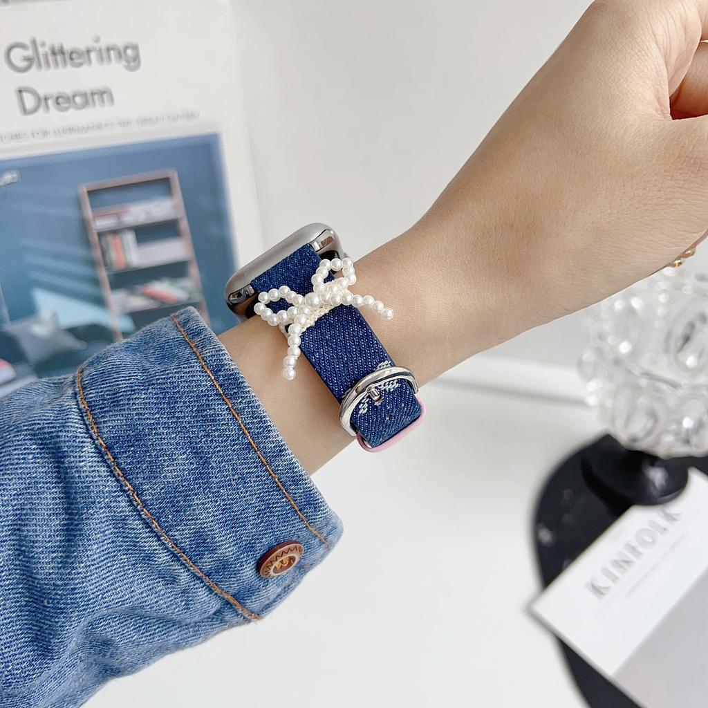 Ремешок для Apple Watch Series 10 Ultra 9 8 7 SE 6 5 4 3 2 1 46 мм 49 мм 45 мм 44 мм 42 мм Жемчужный бантик Джинсовый кожаный ремешок для часов