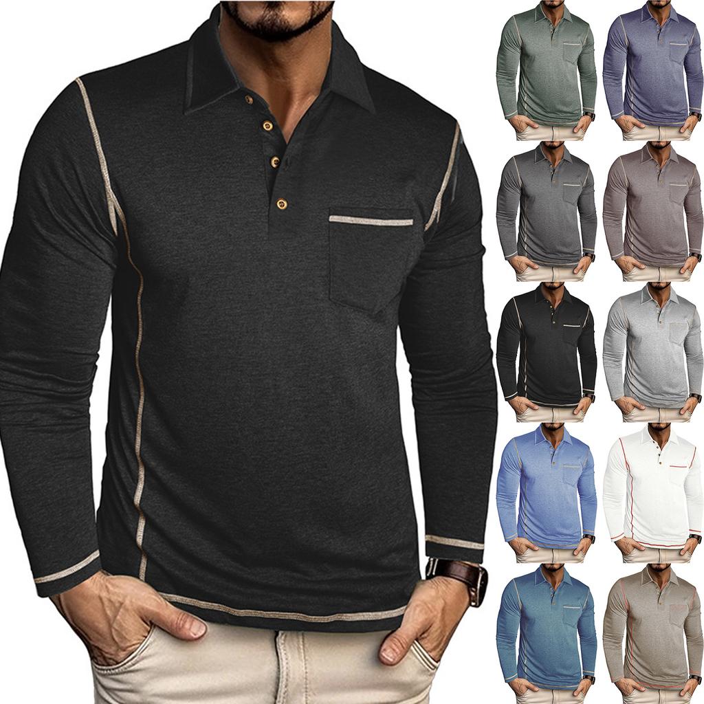 Men's Solid Color Button Lapel Long Sleeve Top Men's Casual Fashion Long Sleeve Top