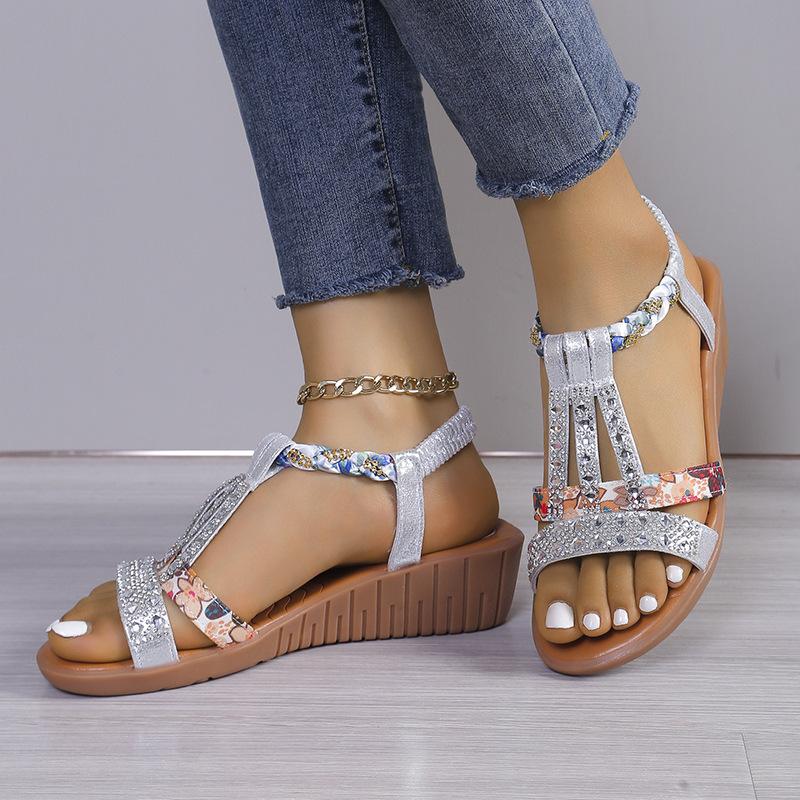 Fashion Shoes for Women Summer 34-43 Women Wedge Bohemia Rhinestones Casual Platform Sandals Female Outdoor Peep Toe Beach Shoes