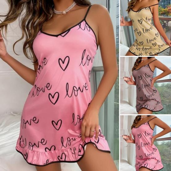 Women Nightdress Big Hem Sleeveless Backless Heart Print Above Knee Seductive Low Cut Spaghetti Strap Women Nightie for Sleeping