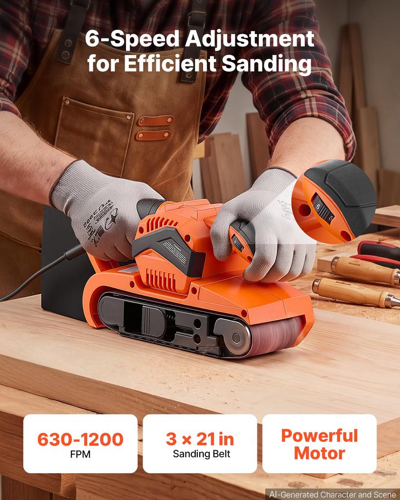 VEVOR 750W Belt Sander 7.6 x 53.3 cm Woodworking Belt Sander 6 Speeds 630-1200 FPM, 2-in-1 Handheld & Benchtop Sanding Machine with 2 Dust Bags