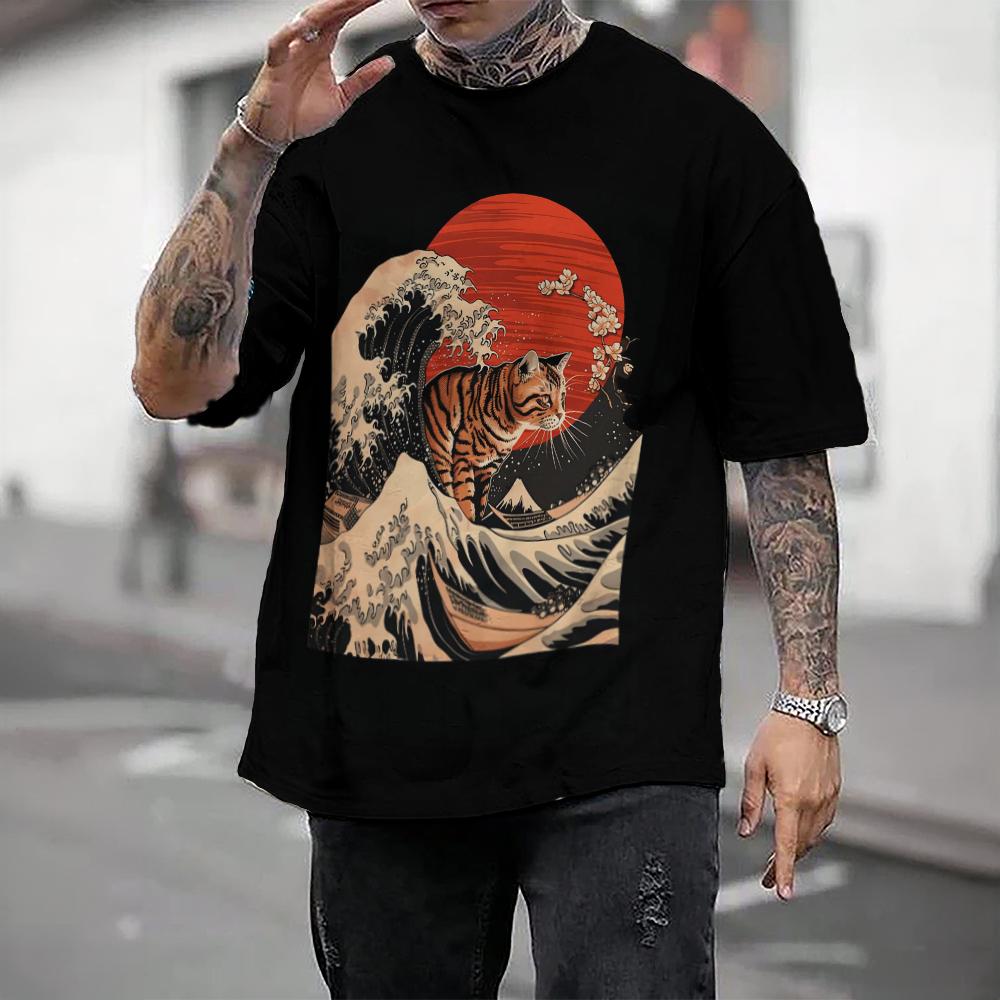 Японская мужская футболка Ukiyo-E и футболка с принтом кота, повседневные свободные футболки с короткими рукавами, мужская одежда большого размера, топы