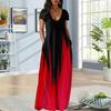 Women Maxi Dress with Pockets V Neck Short Sleeves Gradient Contrast Colors A-line