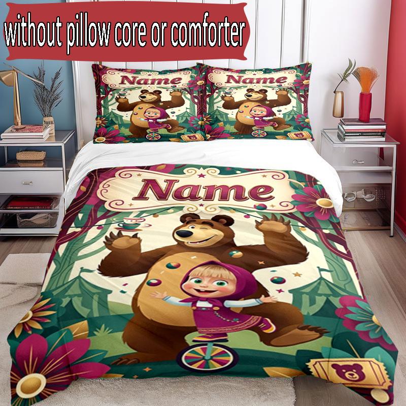 3pcs Duvet Cover Set (1*Duvet Cover + 2*Pillowcase, Without Core), Custom Name Masha and the Bear Pattern Bedding Set, Home Bedroom Decor Gift