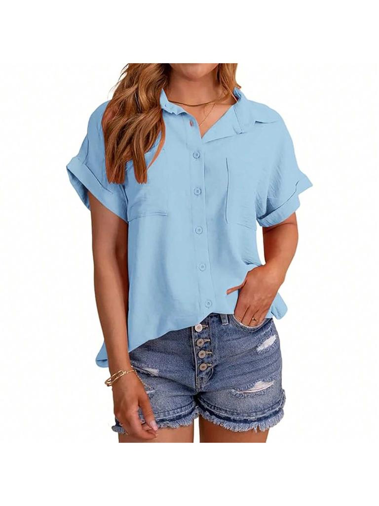 Women's Button Down Shirt Short Sleeve Loose Summer Blouse Top with Pockets