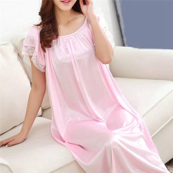 Women Soft Comfortable Satin Lace Sleepwear Nightgown Solid Color Silk Nightdress