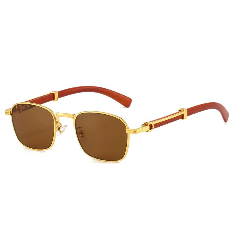 HBK Vintage Small Round Frame Alloy Sunglasses with Wooden Temples Gradient Lenses
