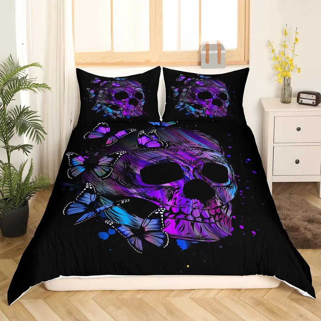 Skull Duvet Cover Golden Crown Bedding Set,3D Printed Halloween Skull With Two Beauty Quilt Cover Set,Crown Comforter Cover