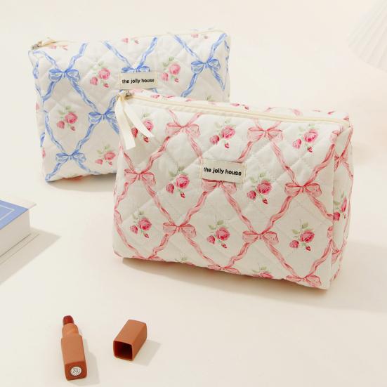 Сумка большой емкости на молнии с принтом розы и бантом, хлопковая стеганая портативная легкая губная помада, коричневый карандаш, кисточка для макияжа