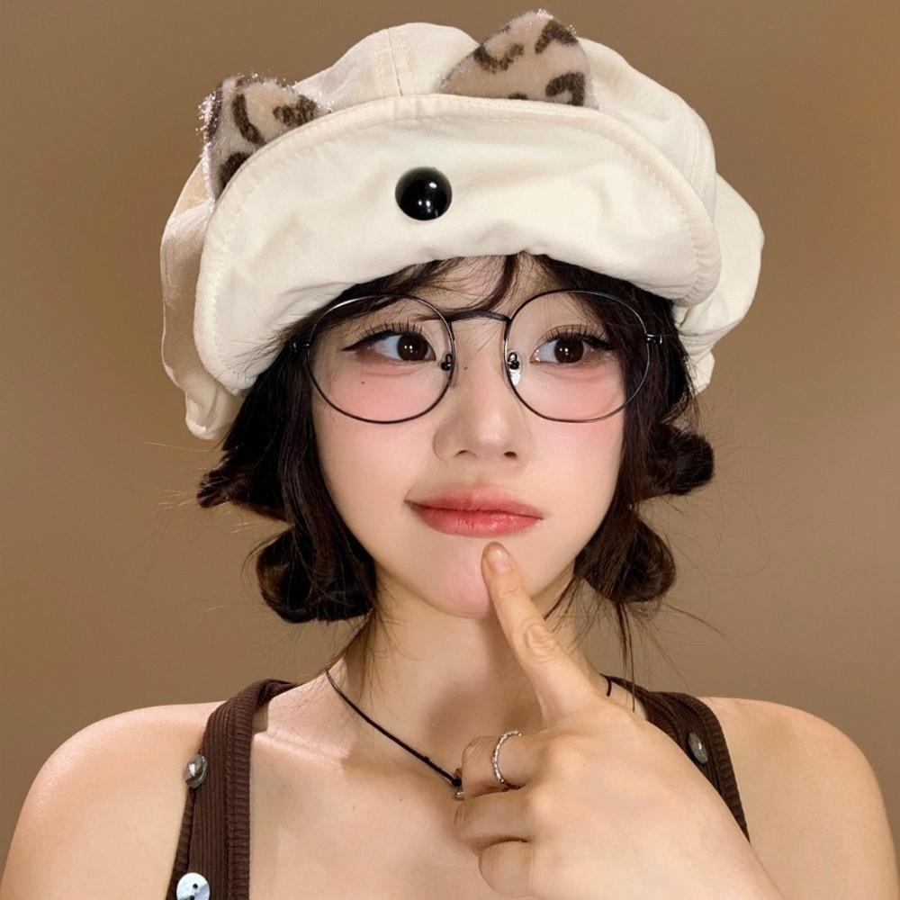 Cute Cat Ears Painter Hat Casual Flipped Brim Beanie Fashion Beret Hat  Women