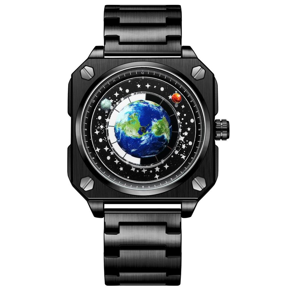 Мужские квадратные студенческие часы Binbang Blue Planet Quartz - Дизайн с картой «Блуждающая Земля»