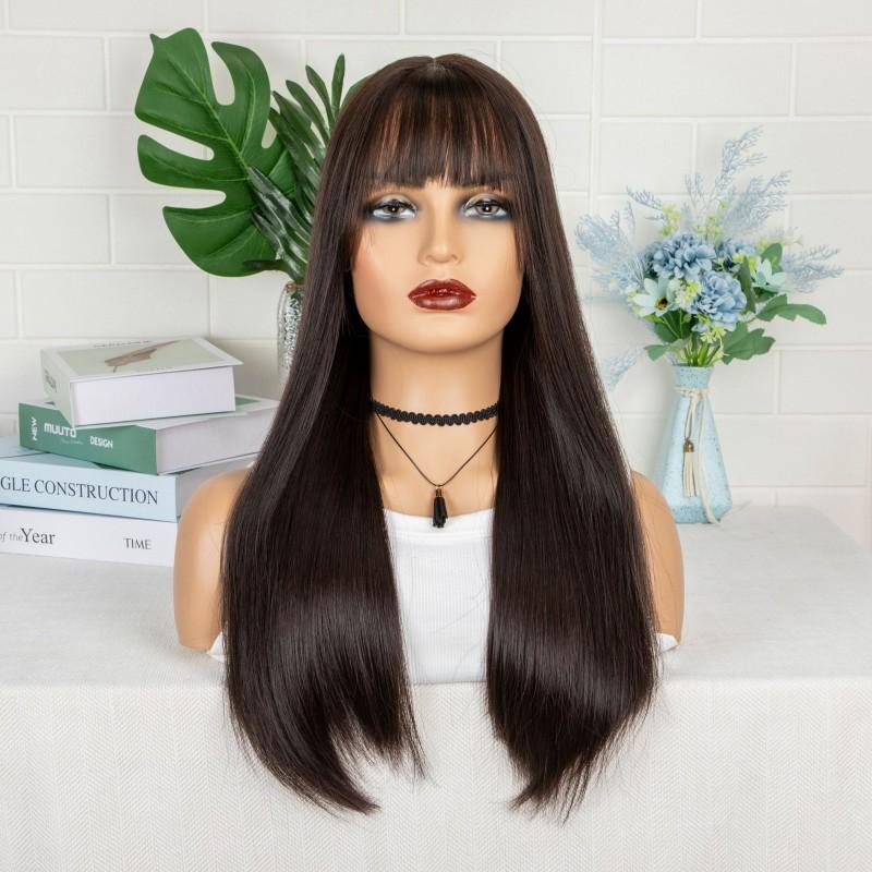 Womens Lace Front Wig Long Straight Natural Color Full Bangs Synthetic Hair F021