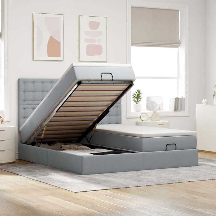 Cadre de lit avec matelas - Maison Exclusive - Gris clair - 160 x 200 cm - Rangement ottoman hydraulique