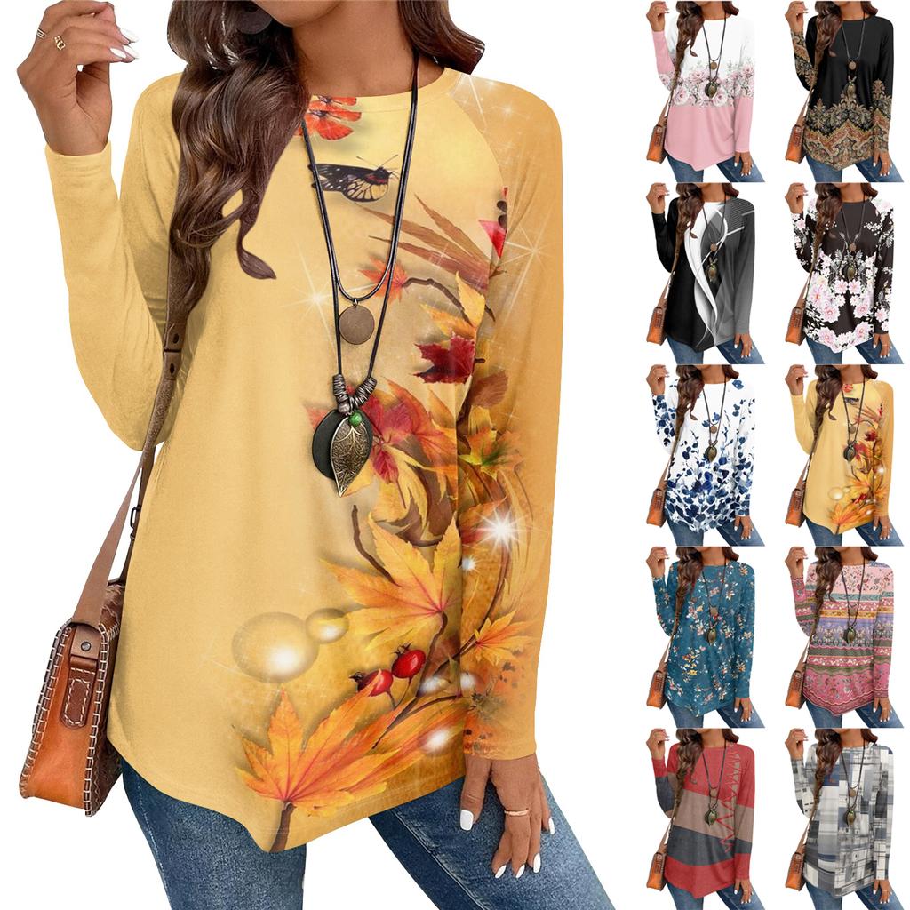 Женская повседневная футболка большого размера с длинными рукавами и круглым вырезом, винтажный этнический принт, топ-пуловер