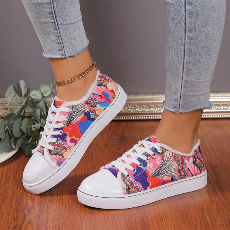 Fashion Women's Flat Canvas Shoes Casual Sunflower Printed Low Top Loafers Comfortable Slip On Sneakers Female Lace Up Vulcanized Shoes
