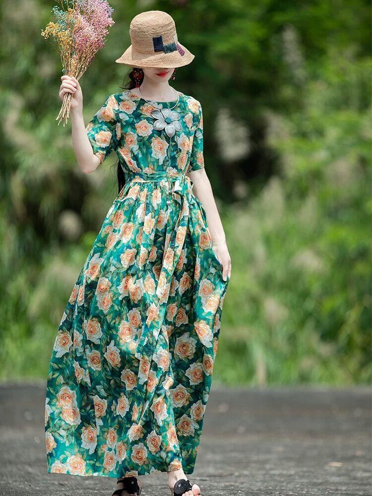 Платье из хлопка и льна с ретро-принтом для женщин, лето 2025, новое длинное платье со шнуровкой на талии и круглым вырезом с короткими рукавами