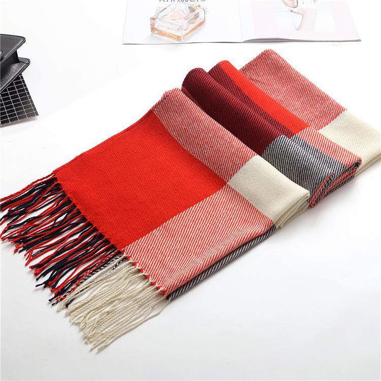 Клетчатый зимний шарф для женщин - шаль с кисточками в корейском стиле из искусственного кашемира