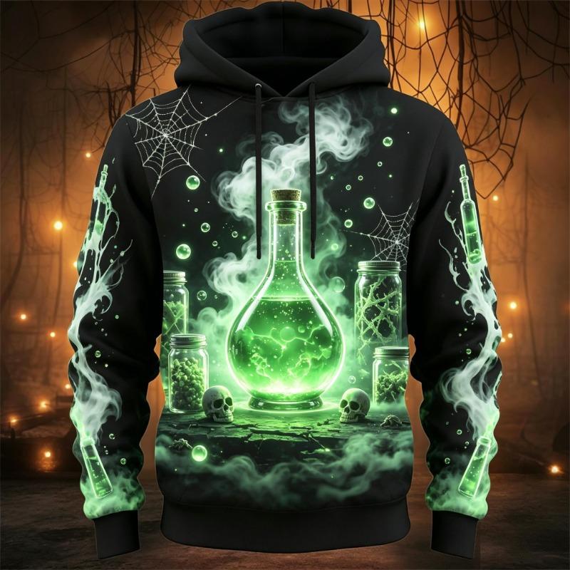 Men's Halloween Pumpkin Crow Witch Hat Pentagram Magic Full Print Hoodie Drawstring Pocket Holiday Party Pullover Sweatshirt