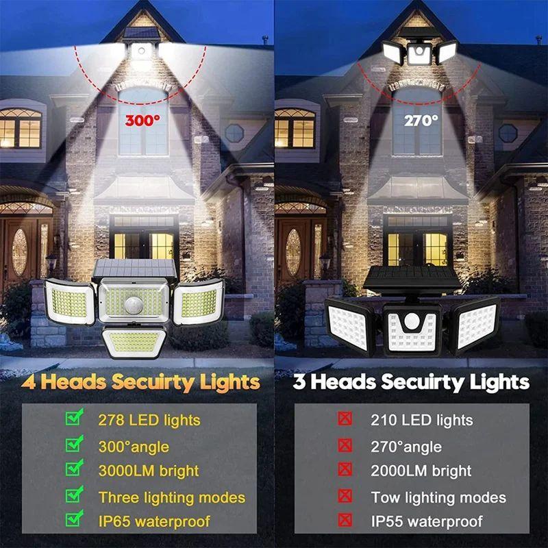 288/278LED уличные солнечные светильники 4 головки регулируемый датчик движения настенный светильник IP65 водонепроницаемый садовое наружное освещение настенные светильники
