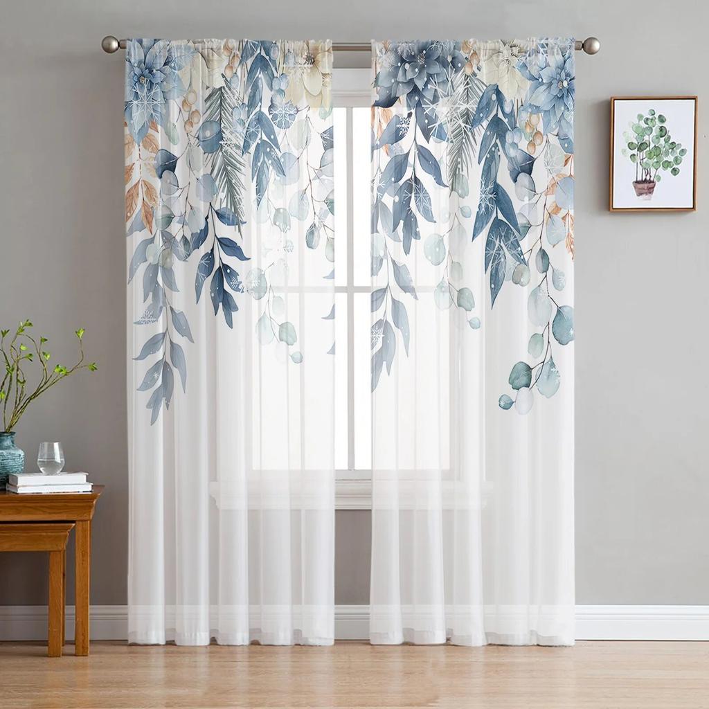 Рождественские сосновые иголки, снежинки, деревянная тюль-занавеска для гостиной, спальни, Рождественский декор, оконная вуаль, тюлевая занавеска