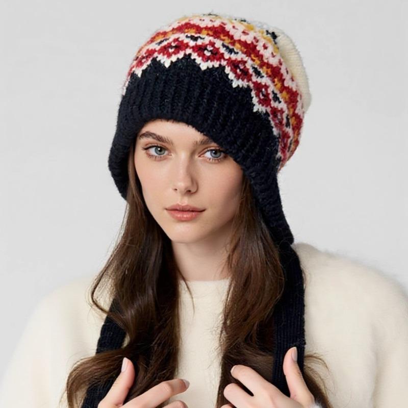 Зимняя вязаная шапка Женская шапка в стиле Fair Isle Модная шерстяная шапка на шнуровке Зимний защита для ушей Шапочка