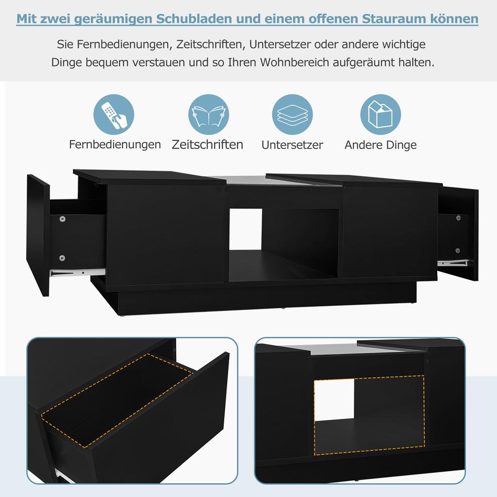Журнальный столик Flieks 100x50x35,5 см – со стеклянной облицовкой, LED-подсветкой, управлением через приложение, 2 ящиками и 1 открытой полкой