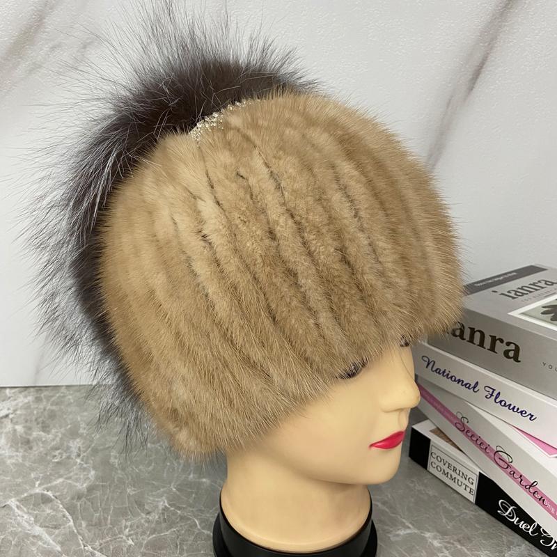 Real Fur Hat Women Knitted Mink Fur Diamond Fox Fur Tail Hat Female Girls Stylish Winter Warm Outdoor Beanie Penguin Hat