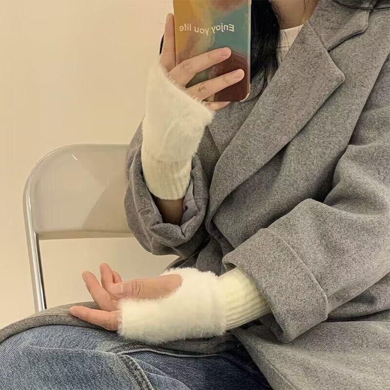 Зимние меховые варежки для женщин, теплые перчатки, милые плюшевые перчатки без пальцев, утепленные теплые варежки, рабочие перчатки с половиной пальца