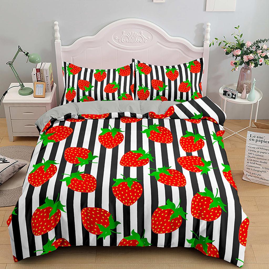 Red Strawberry Pink Lovely Summer Fruit Tree Leaf Duvet Cover for Children Girls Gifts Room Decorations Polyester Duvet Cover