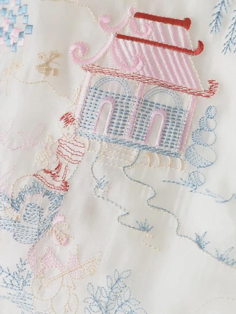 Изысканная юбка ханьфу с вышивкой в виде китайского пейзажа и сеткой из органзы