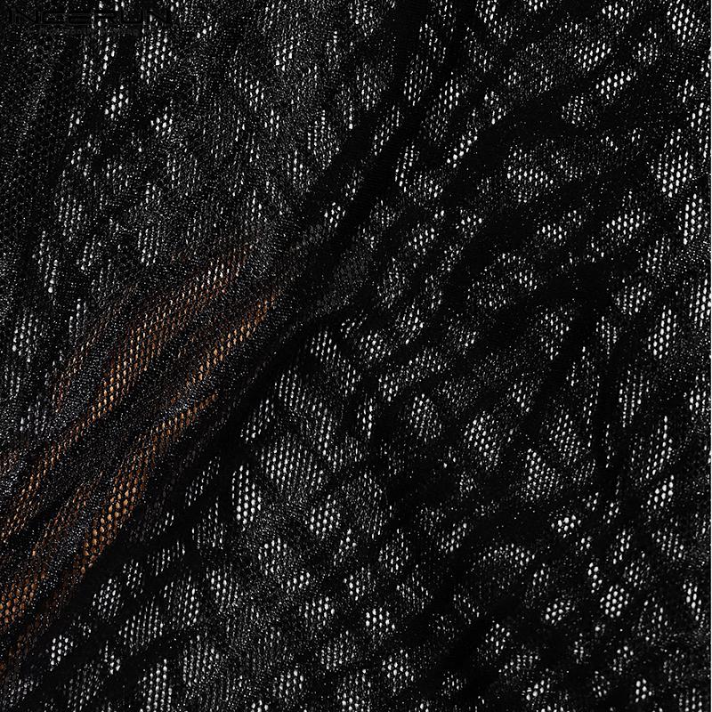 INCERUN Men Sleeveless Patchwork Lace See Through Mesh Playsuit Jumpsuits