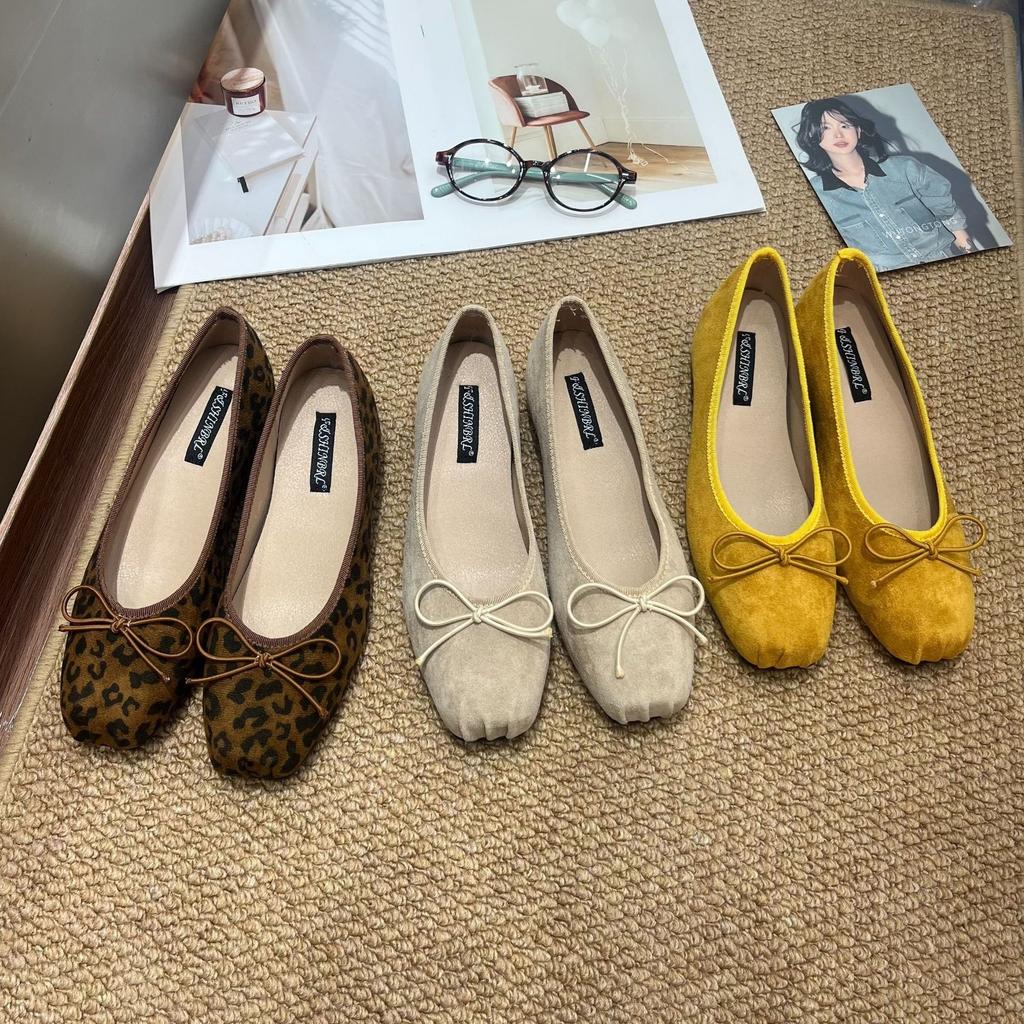 French Inner Heightening Suede Ballet Single Shoes Women's Shoes 2025 New Spring and Autumn Bow Red Evening Shoes