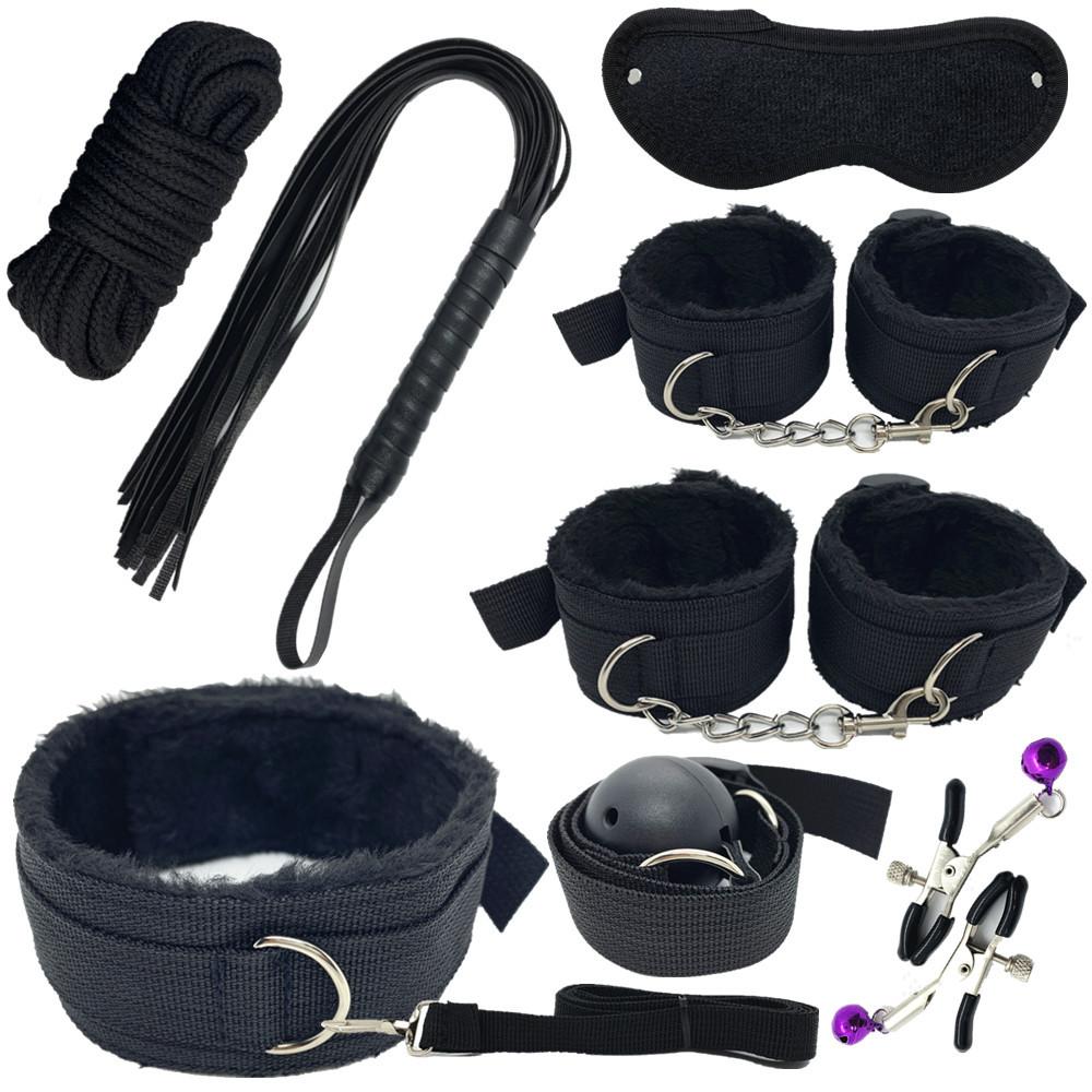 Сексуальный нейлоновый комплект БДСМ, плюшевый секс-бондажный набор, наручники, секс-игра, кнут, кляп, зажим для сосков, секс-игрушка