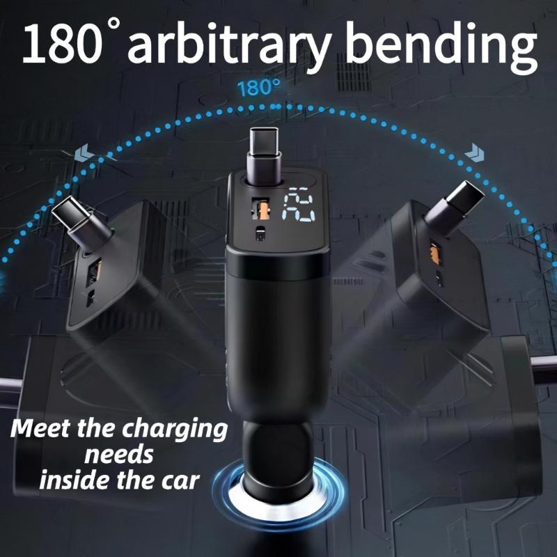 Автомобильное зарядное устройство USB C 120 Вт Type C Быстрое автомобильное зарядное устройство с выдвижным кабелем USB C Автомобильный адаптер для телефона, планшета, ноутбука