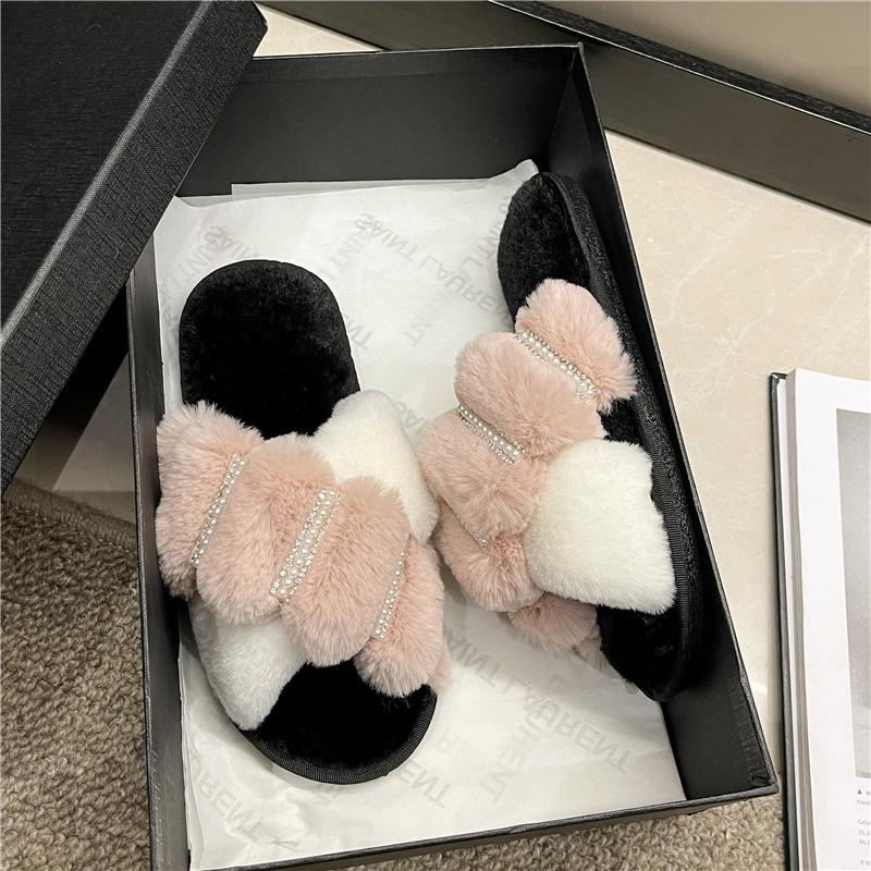 Женские пушистые тапочки для дома Осень Зима Однотонные Нескользящие Повседневные Комнатные Балетки Блестящие Клепки Домашняя Обувь Женские Шлепанцы Теплая Обувь
