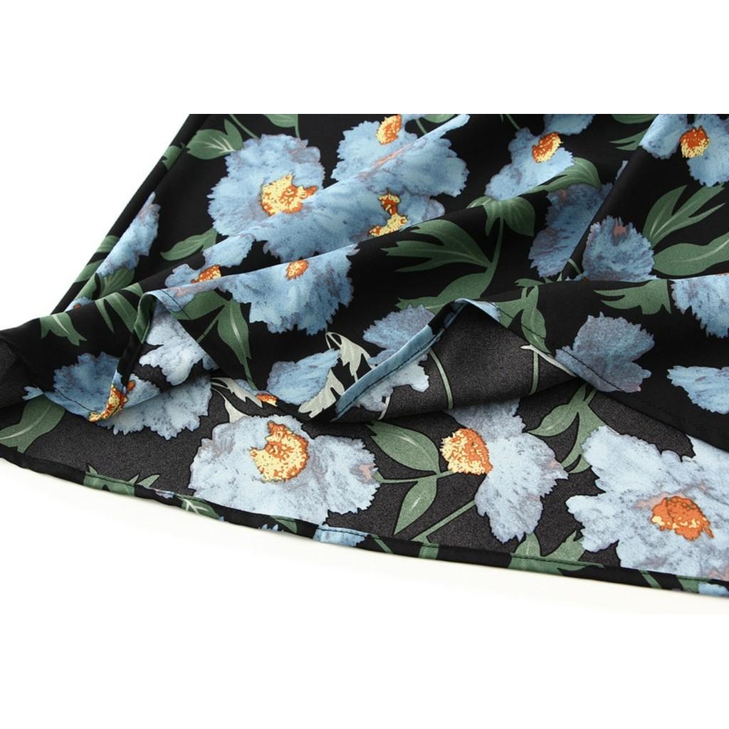 Qooth Maxi Skirt A Line Fishtail Hem with Floral Print Elegant Elastic Waist QT2760