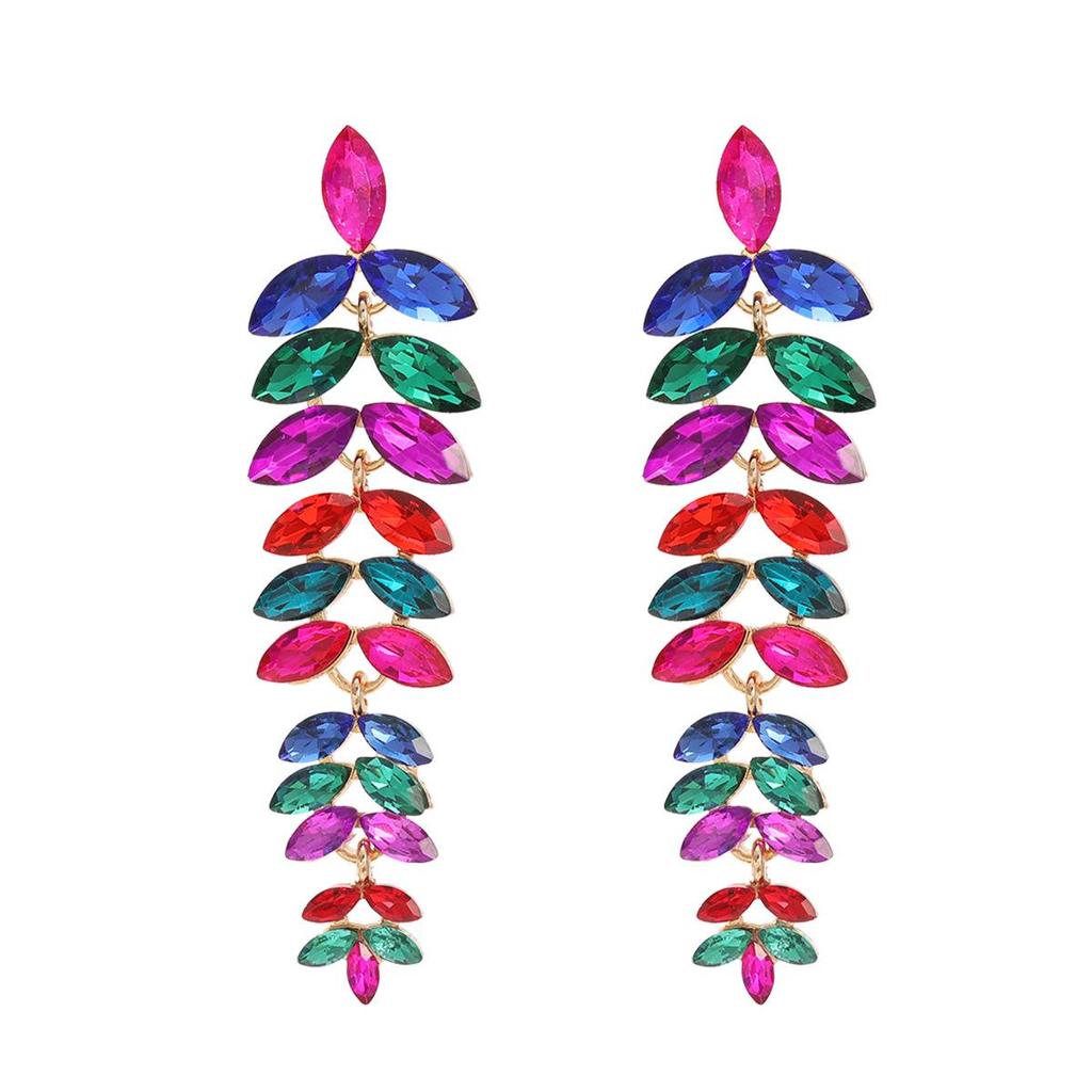 Colorful Diamond Flower Earrings for Women, Bold European Style Long Leaf Design, Perfect for Banquets