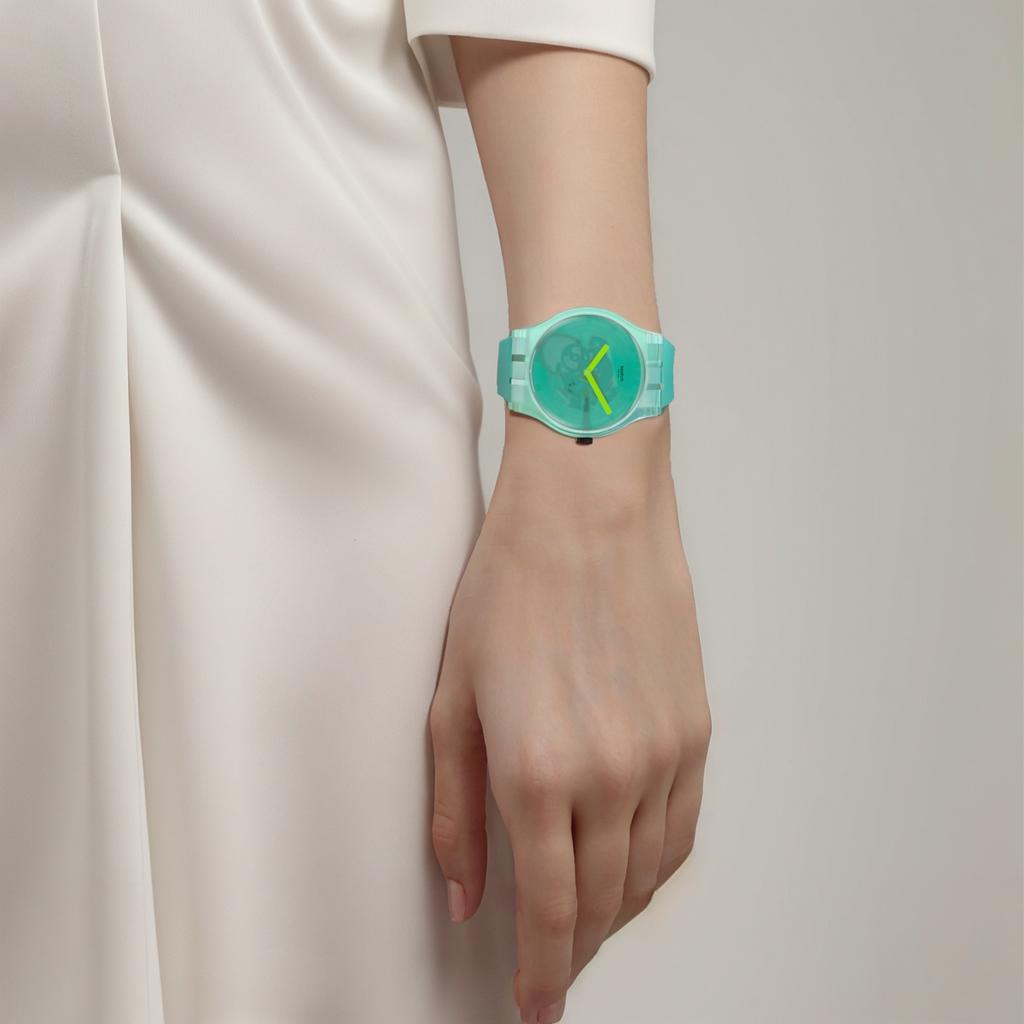 Swatch Кварцевый механизм Мятный стиль Цвет желе Полупрозрачный Цветной блок Повседневные Водонепроницаемые часы Унисекс часы Зеленый SUOG119