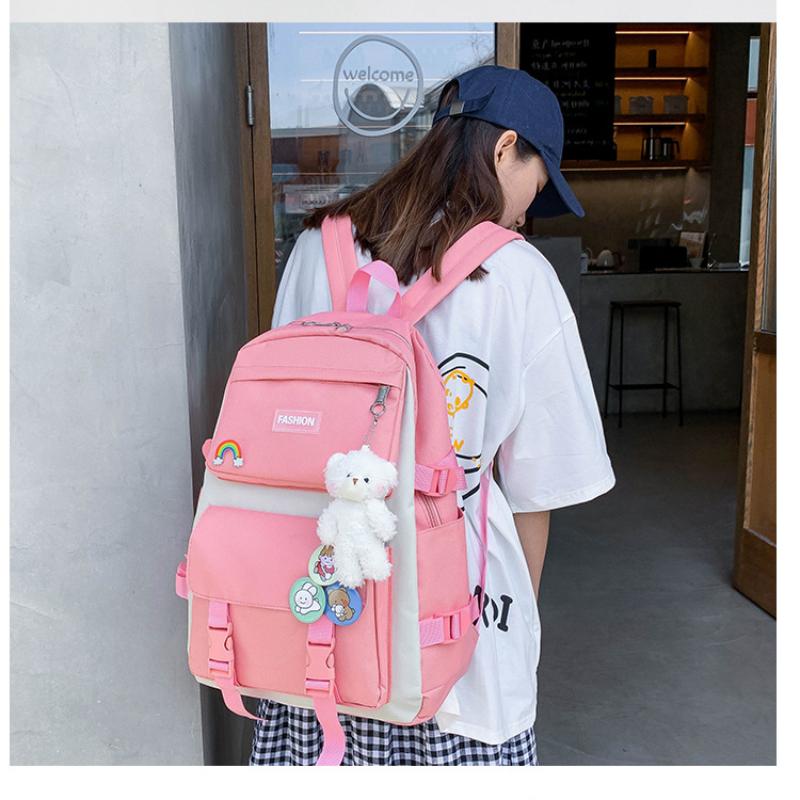4pcs Primary School Backpack Secondary School Backpack Men's Women's 4-piece Set Solid Color Large Capacity Waterproof Casual Fashionable Backpack