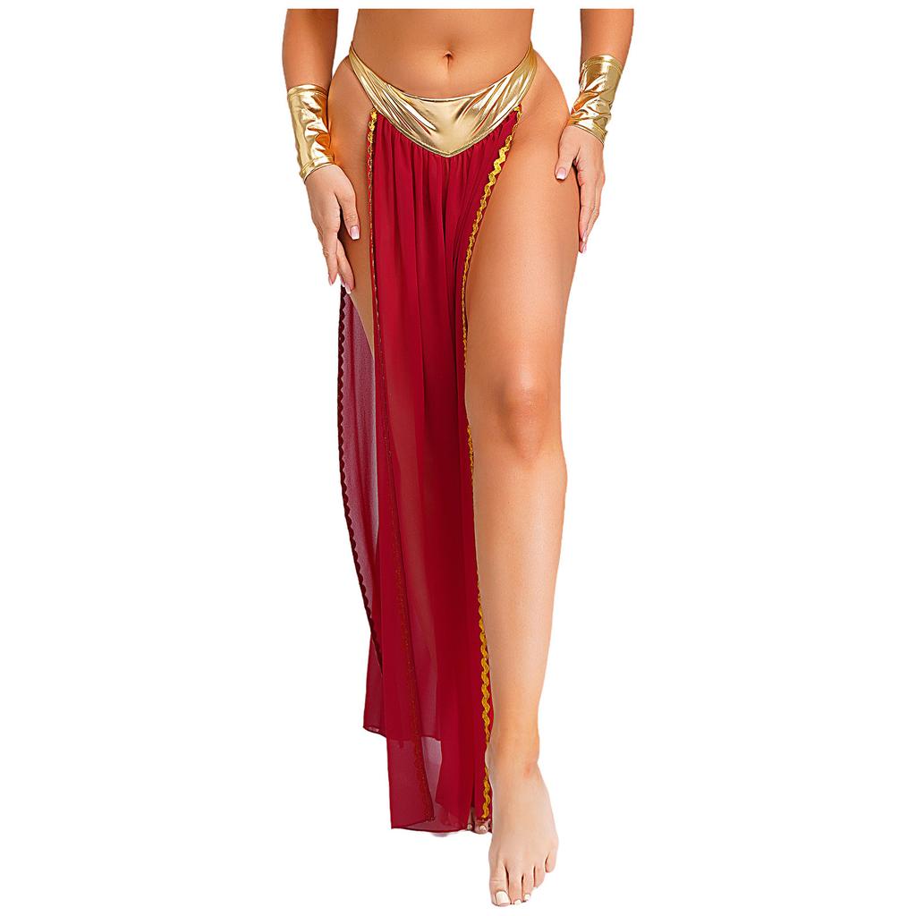 Womens Ancient Queen Costume Briefs Chiffon Skirt Metallic Shiny Side Slit Gold Trims Halloween Outfit