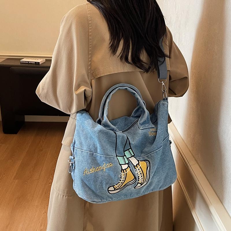 Embroidered Denim Bag Women's Large Capacity Shoulder Crossbody Bag