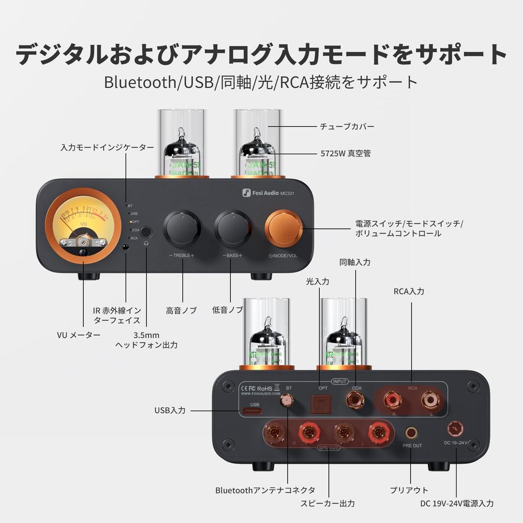 Fosi Audio MC331 Vacuum Tube Integrated Amplifier with HiFi Bookshelf Home Audio Stereo Power Vintage VU Meter Preamplifier DAC, Speaker/3.5mm