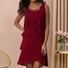 Women Mini Dress O-Neck Sleeveless Hot Drilling Decor Chiffon Dress Layered Design Sheath Dress Loose Fit Cake Dress