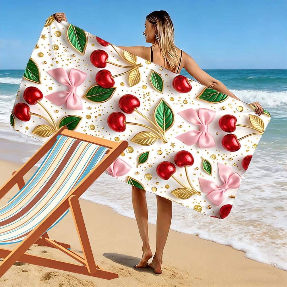 Cherry and Pink Bow Pattern Design Beach towel quick-drying for travel outdoor sports jogging beach and swimming