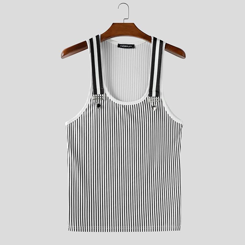 INCERUN Мужские топы-майки без рукавов на бретелях с принтом в полоску, повседневные, приталенные