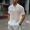 Two Piece Suit Men Short Sleeve Hollow Tops Shorts Sets Summer Beach Outfits Cover Up